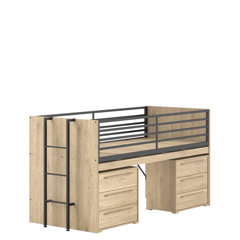 Funktionsreiches Kinderhochbett mit integriertem Schreibtisch und zwei Kommoden in heller Holzoptik – Choice