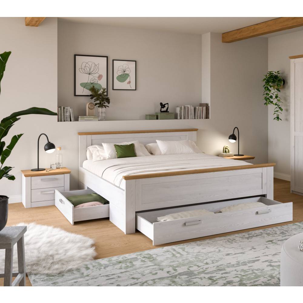 Modernes weißes Bett mit Eichenholz-Akzenten und geschlossenen Bettkästen im Schlafzimmer – Fusaro