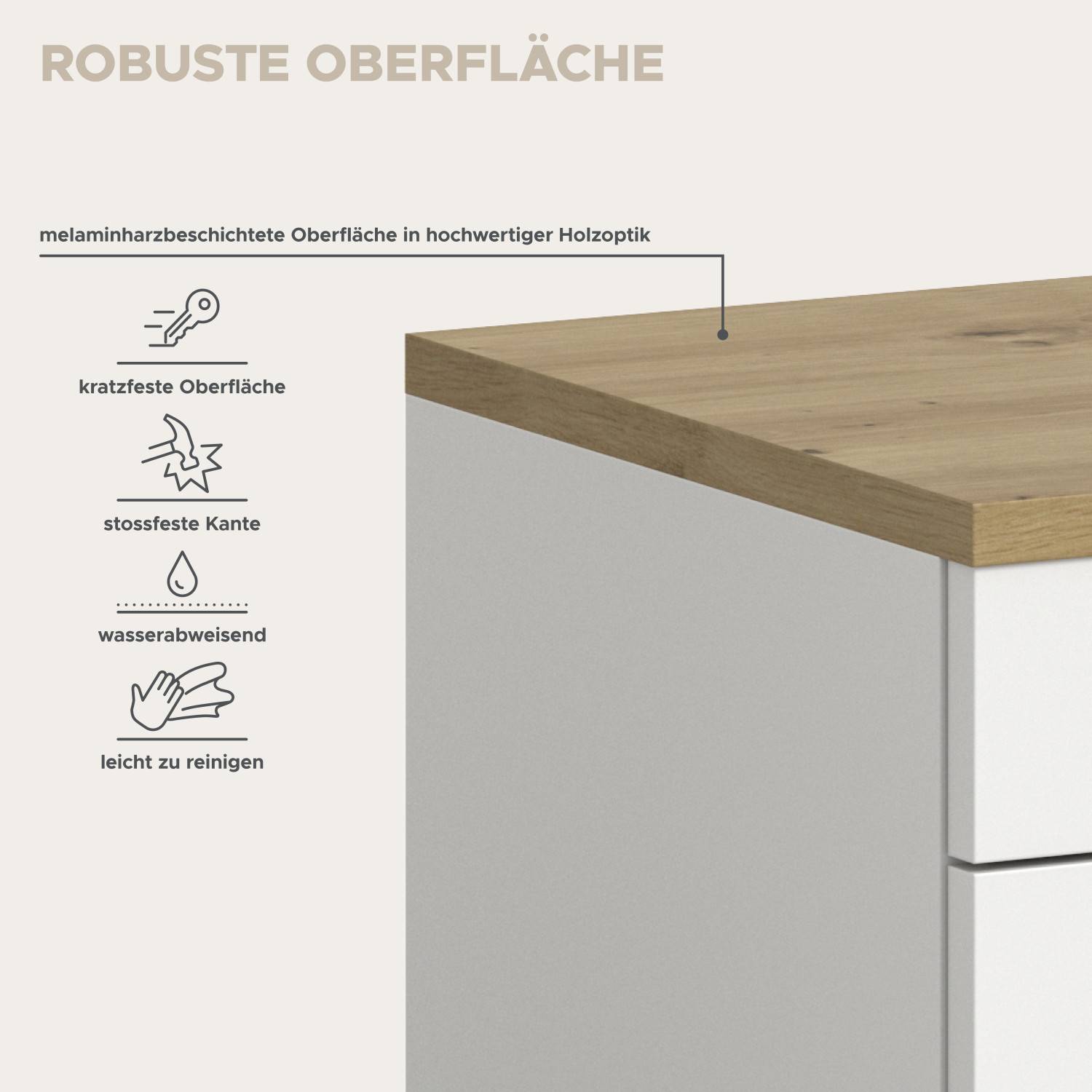 Robuste, kratzfeste und wasserabweisende Oberfläche der Schuhbank in Holzoptik – Sandy
