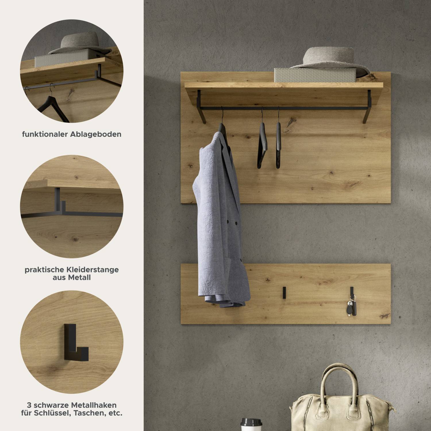 Funktionsdetails der Garderobe, Ablageboden, Metallkleiderstange und schwarze Haken – Irysma
