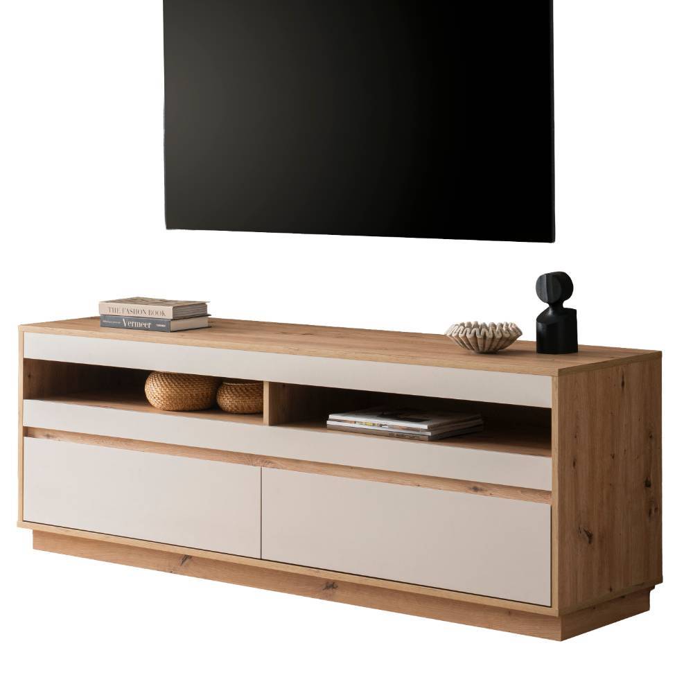 TV Board in Wildeiche Holzoptik mit hellen Schubladen und offenen Fächern für das Wohnzimmer – Spain