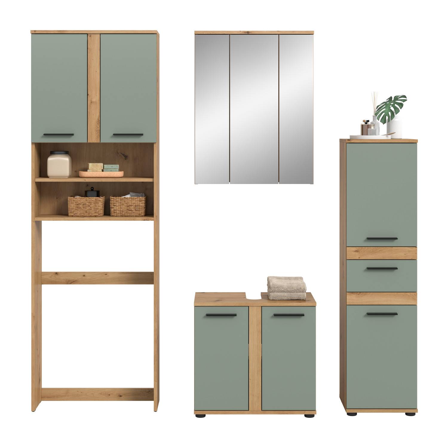 Modernes Badezimmer Set Luzanos V mit Hochschrank, Spiegelschrank und Unterschränken – Luzanos