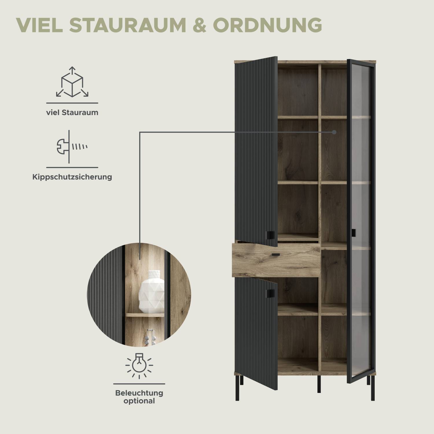 Hohes Highboard der Anbauwand mit viel Stauraum, Kippschutz und optionaler Beleuchtung – Rasmus