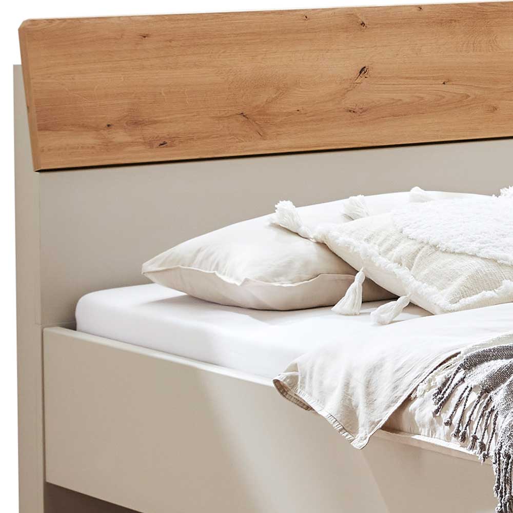 200 cm breites Bett in Beige & Eiche Bianco - Kezmina