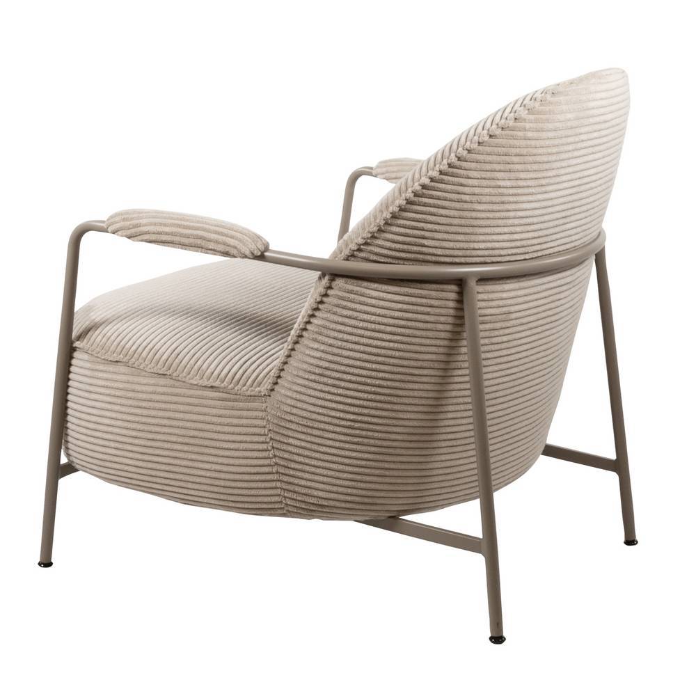 Beiger Cord Sessel im Retro Stil mit schmalem Metallgestell von hinten links – Palace