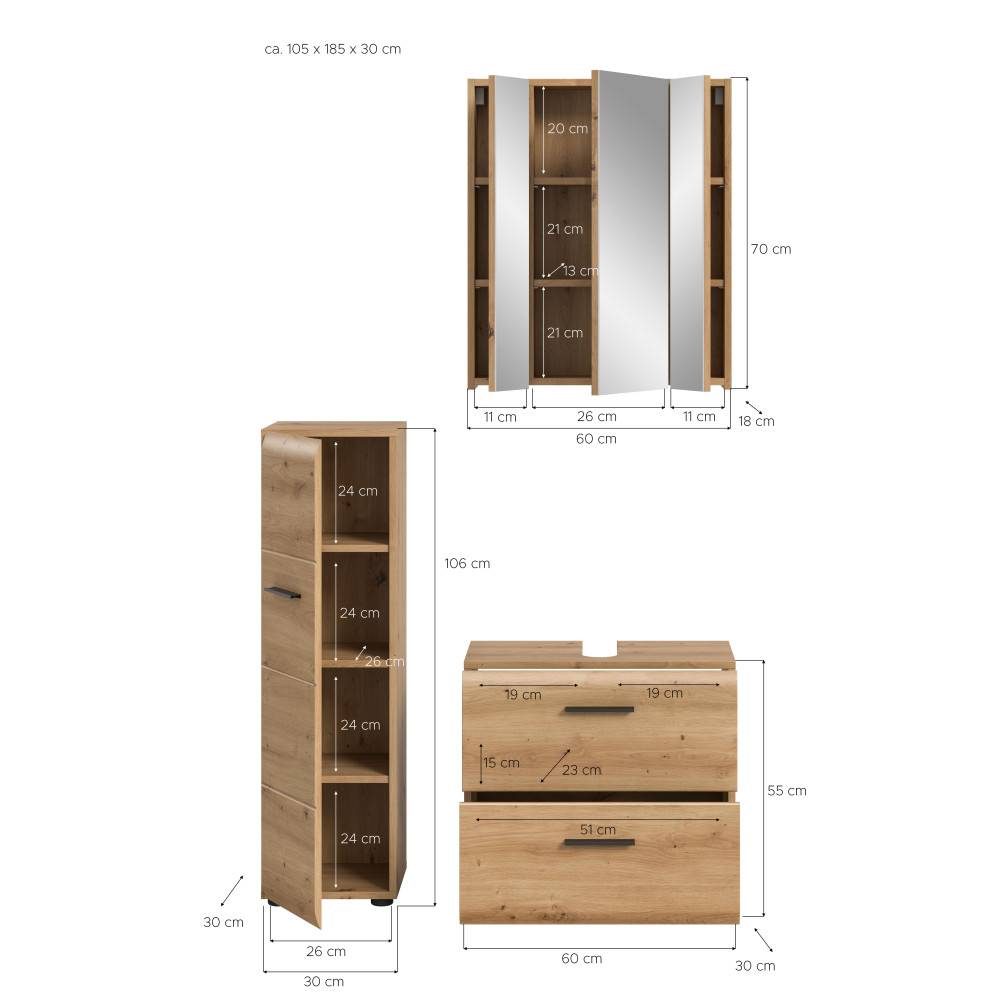 Badezimmerset Maße und Abmessungen für Spiegelschrank, Hochschrank und Waschtischunterschrank – Canopus