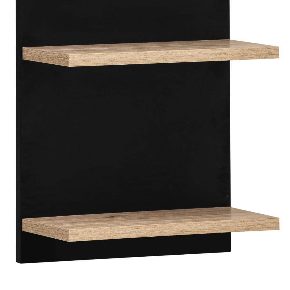 Mattschwarzer Bad-Wandspiegel mit zwei integrierten Holzregalbrettern für stilvolle Ablage – Segradon