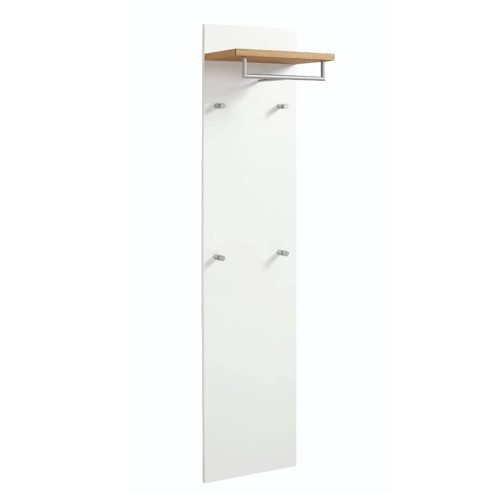 Schmale Wandgarderobe in Weiß mit Ablage aus Eichenfurnier, Kleiderstange und vier Haken – Danita