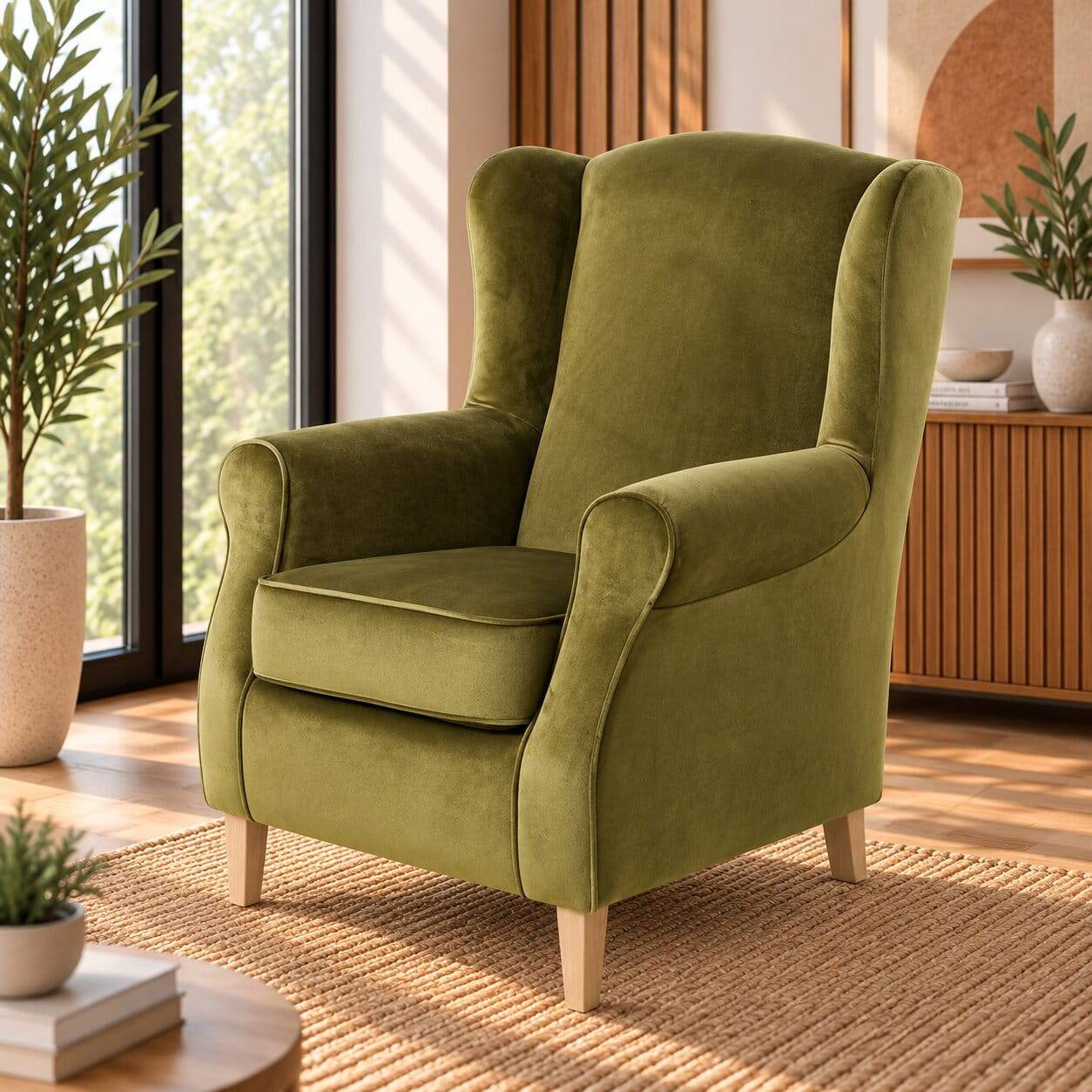 Modern Country Sessel in Oliv Grün Samtvelours - Davork