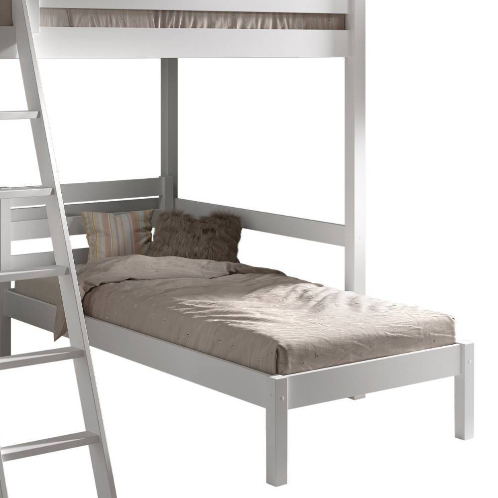 Weißes Einzelbett 90x200 unter dem Hochbett, stabile Holzkonstruktion, ideal für Jugendzimmer – Napcolia