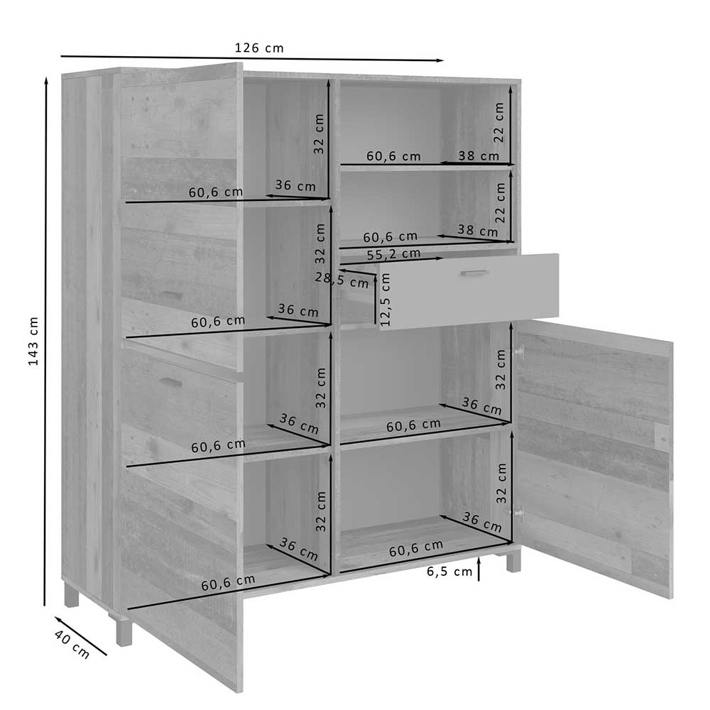 Highboard im Altholz Look & Anthrazit - Bosco