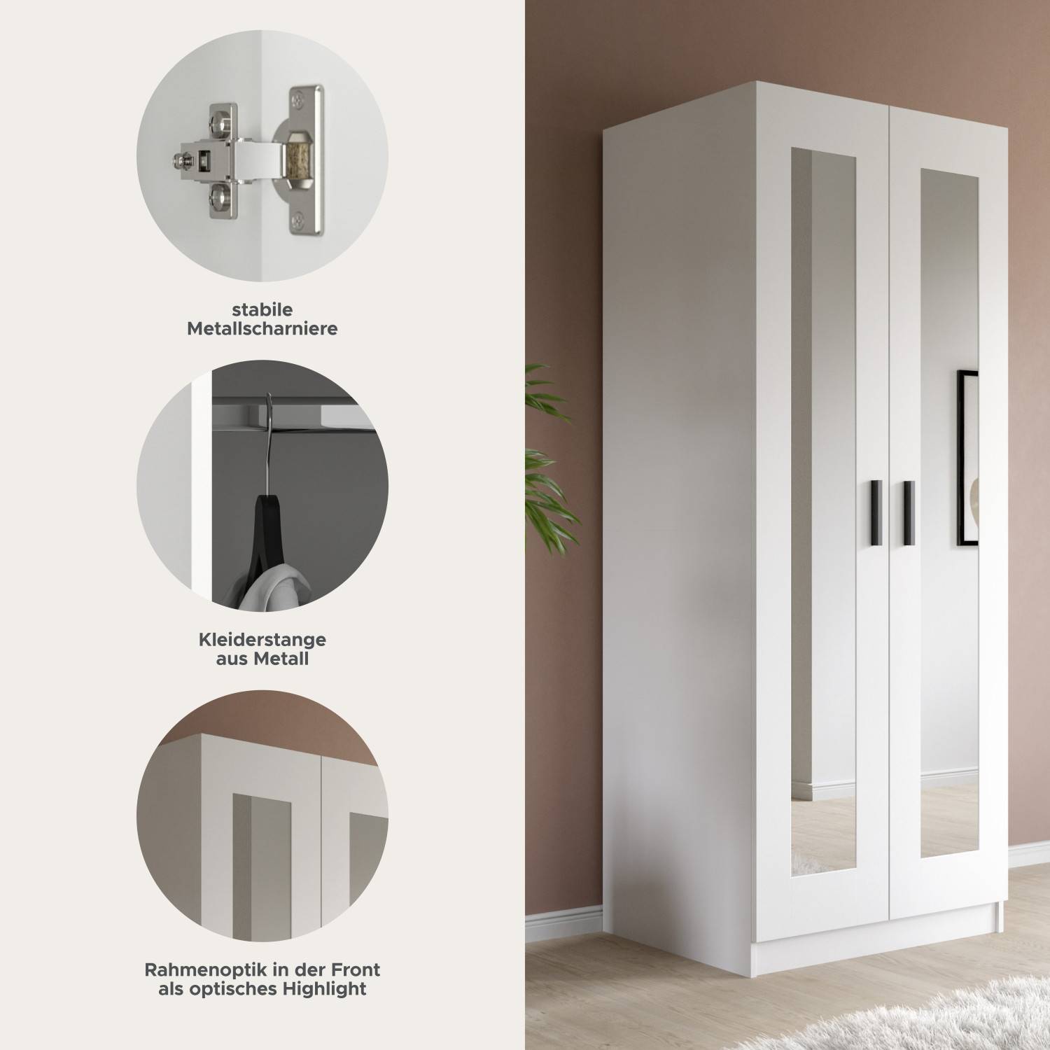 Weißer Garderobenschrank mit Spiegelflächen, stabilen Metallscharnieren und Kleiderstange - Bilbo