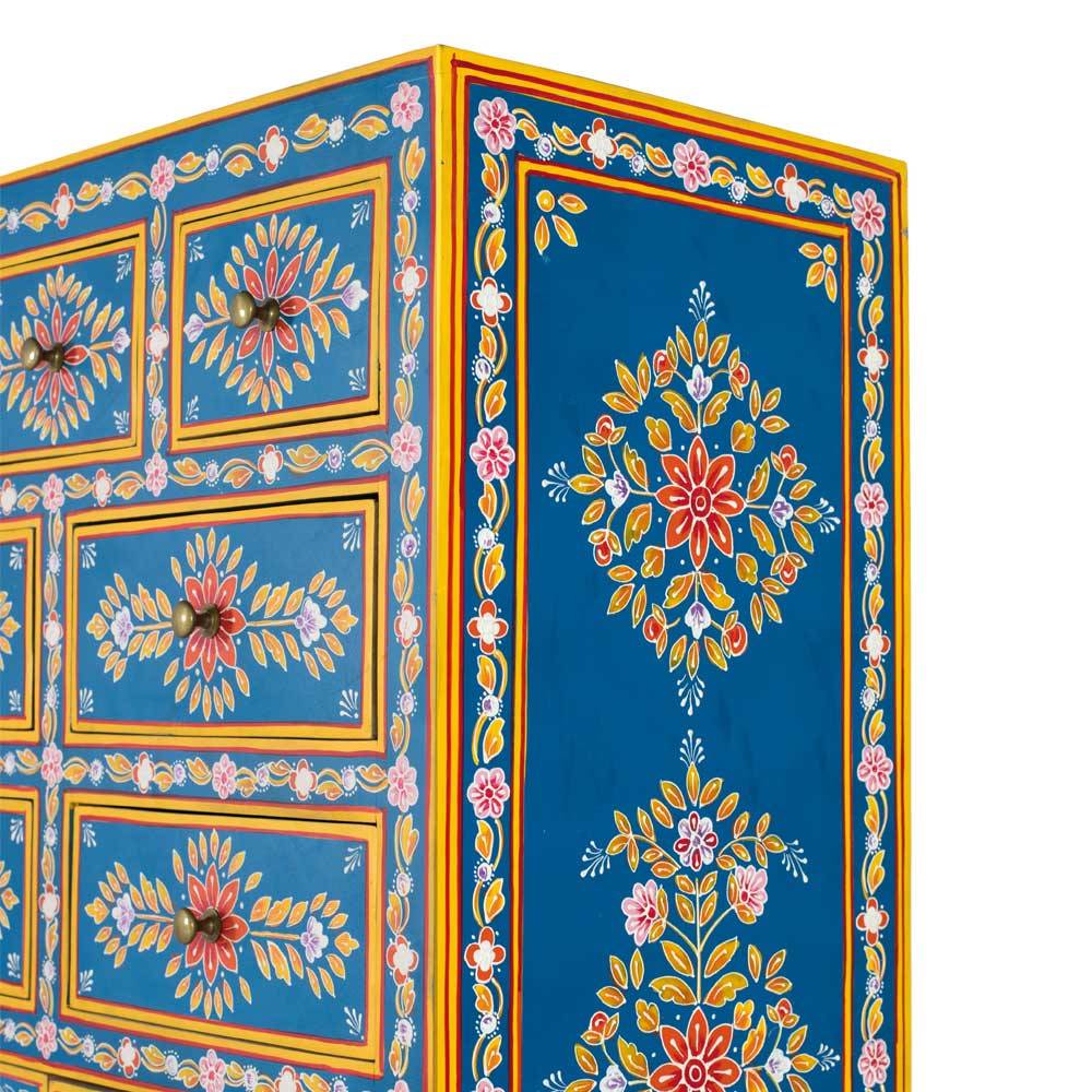 Blaues Highboard mit farbenfrohen floralen Mustern - Vonika