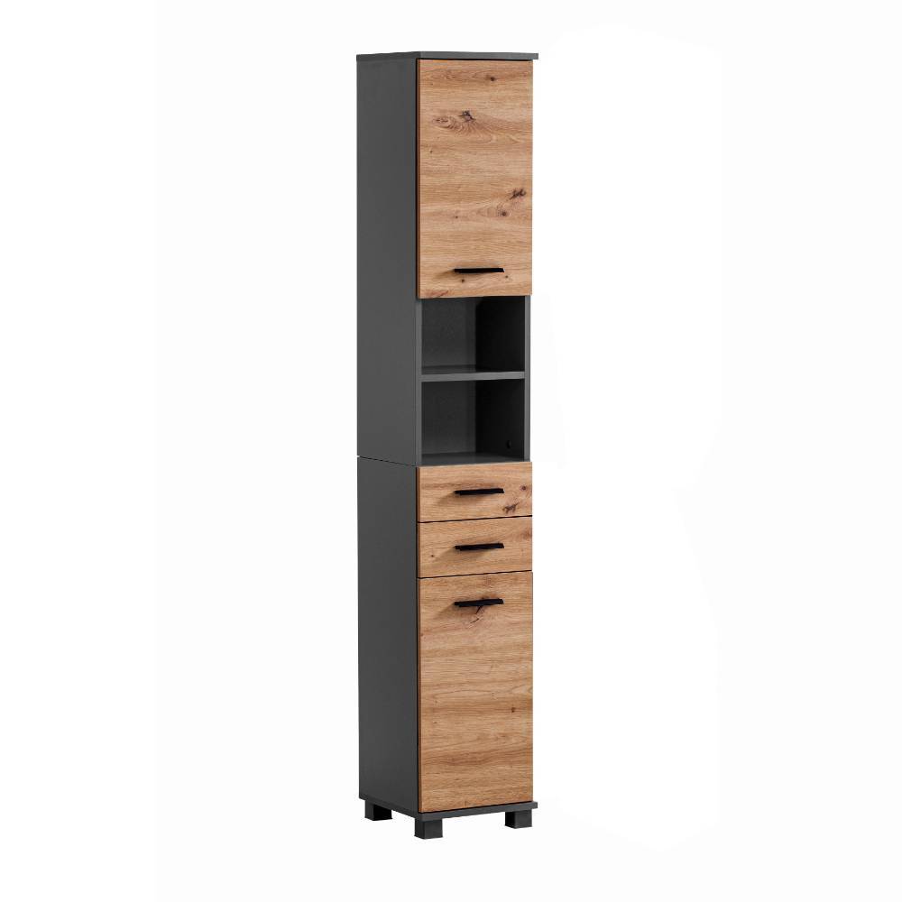 Badezimmer Hochschrank in Wildeiche Optik und Anthrazit - Plicardo