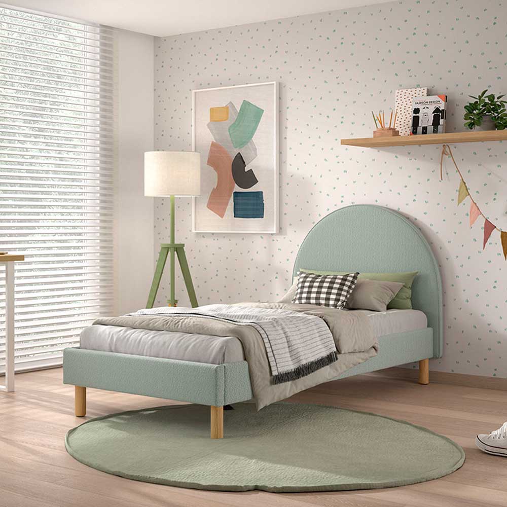 Scandi Chic Polsterbett aus Boucle Stoff in Grün - Skylab