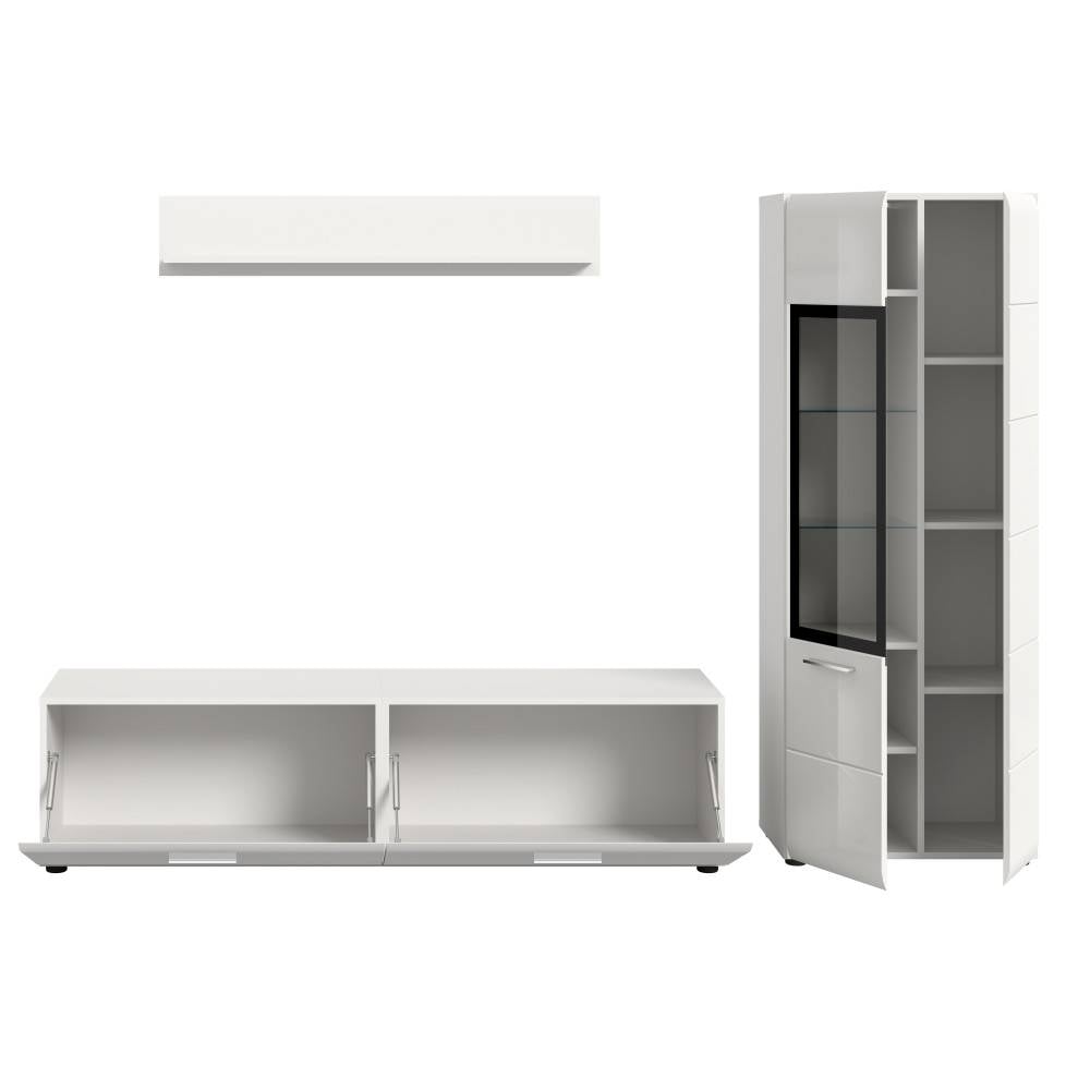 Weiße, dreiteilige Anbauwand mit offenem Lowboard und Vitrine, hochglänzend – Clona