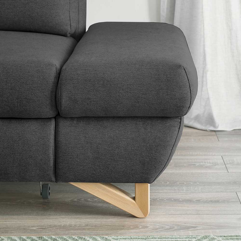 Velours Ecksofa in Anthrazit mit Buche - Baonga