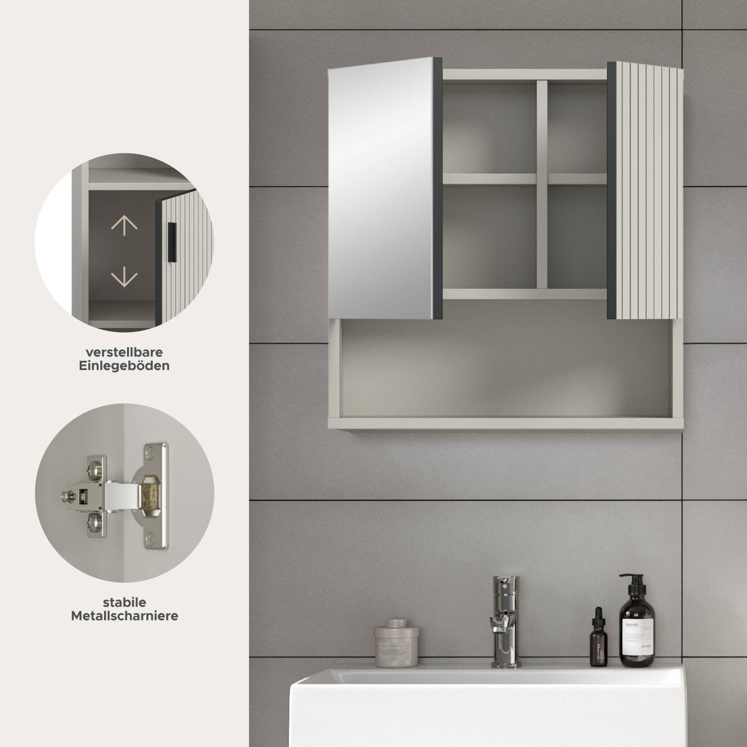 Badschrank mit Spiegeltür, verstellbaren Einlegeböden und stabilen Metallscharnieren für hohe Qualität – Loktos