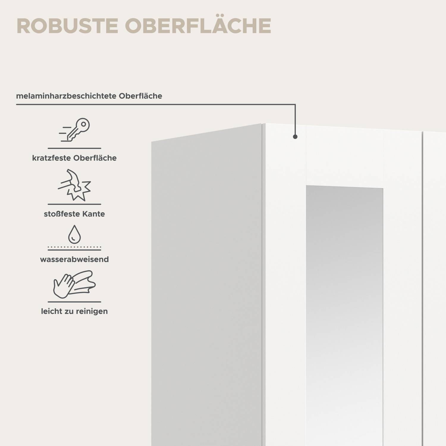Robuste, kratzfeste und wasserabweisende Oberfläche des weißen Drehtürenschranks, leicht zu reinigen – Bilbo