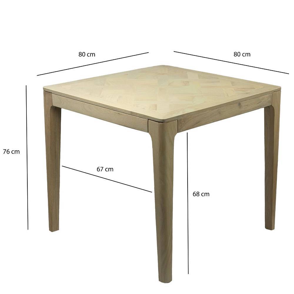 Quadratischer Holztisch in White Wash mit detaillierten Maßen und Abmessungen – Amsterdam