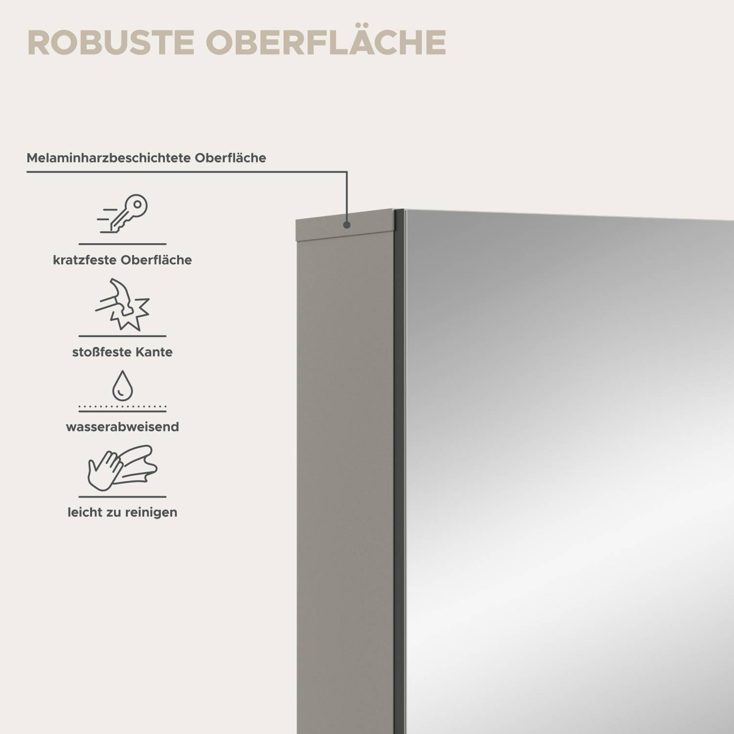 Robuste, melaminharzbeschichtete Oberfläche des Badschranks – kratzfest, wasserabweisend und leicht zu reinigen – Loktos