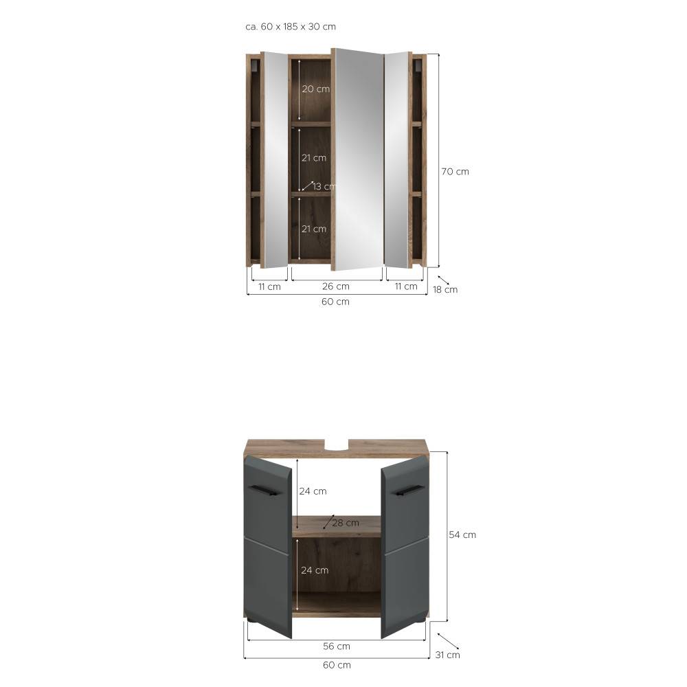Spiegelschrank und Waschbeckenunterschrank mit detaillierten Maßen und Abmessungen – Karina