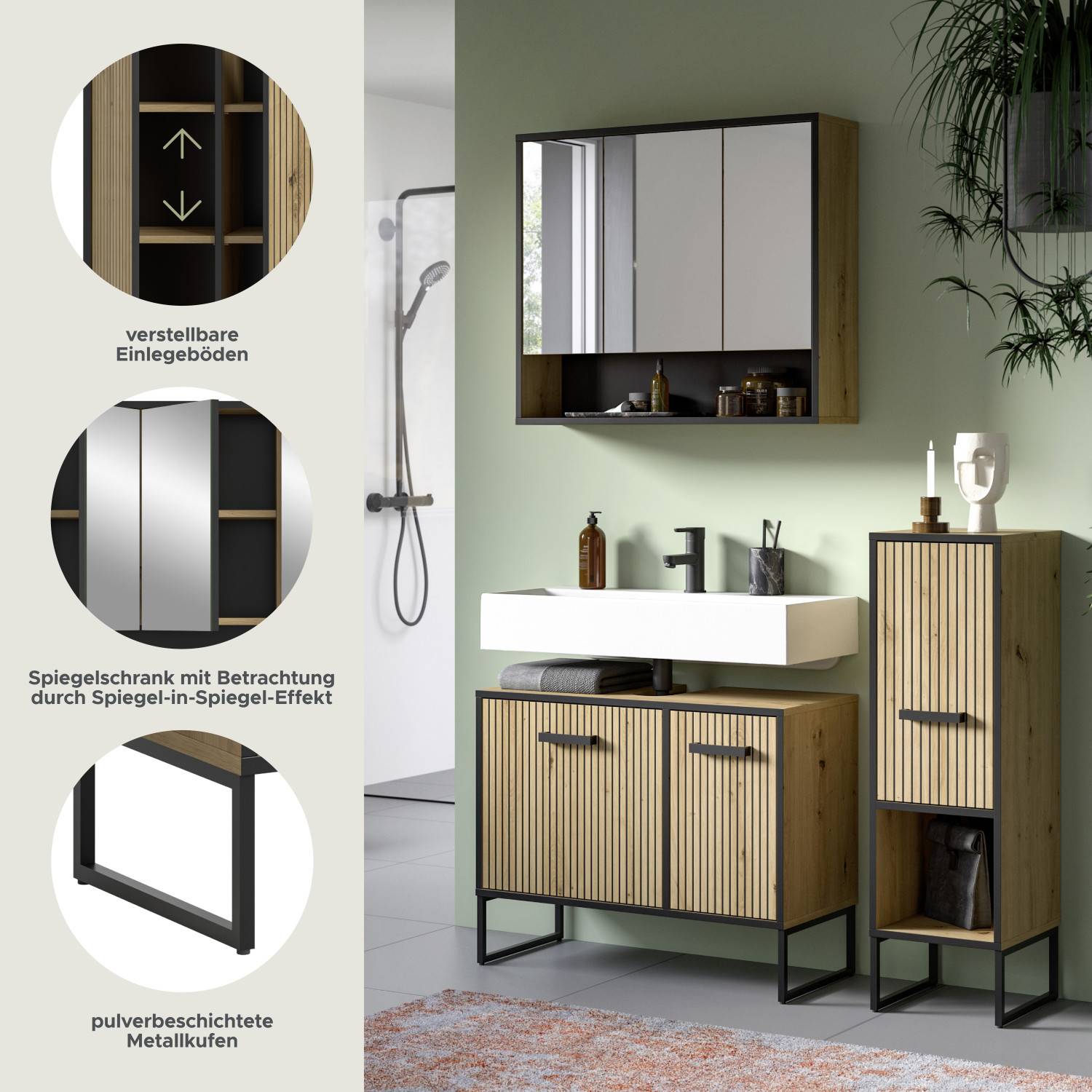 Verstellbare Einlegeböden und pulverbeschichtete Metallkufen des Badmöbel Sets – Brutannia