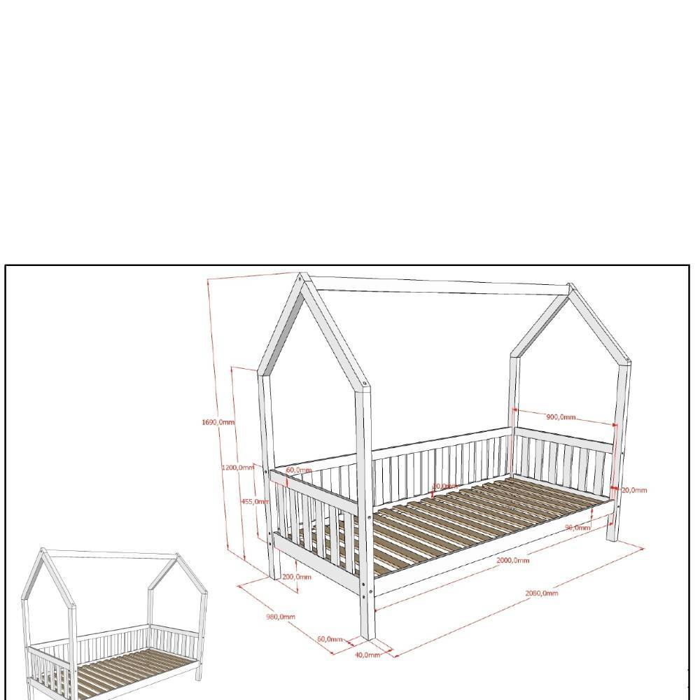 Hausbett 90x200cm Maße und Abmessungen mit detaillierter Skizze – Pacificon