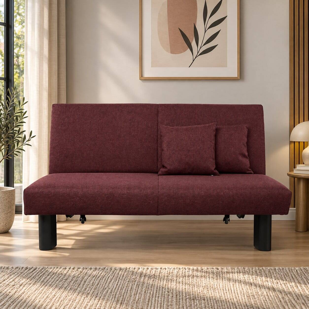 Zweisitzer Schlafcouch in Bordeaux Rot mit Metallfüßen