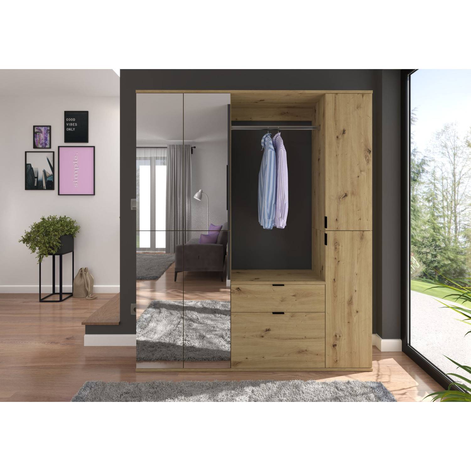 Dreiteiliger Garderobenschrank in Holzoptik mit großen Spiegeltüren und offenem Fach für den Eingangsbereich – Pretty