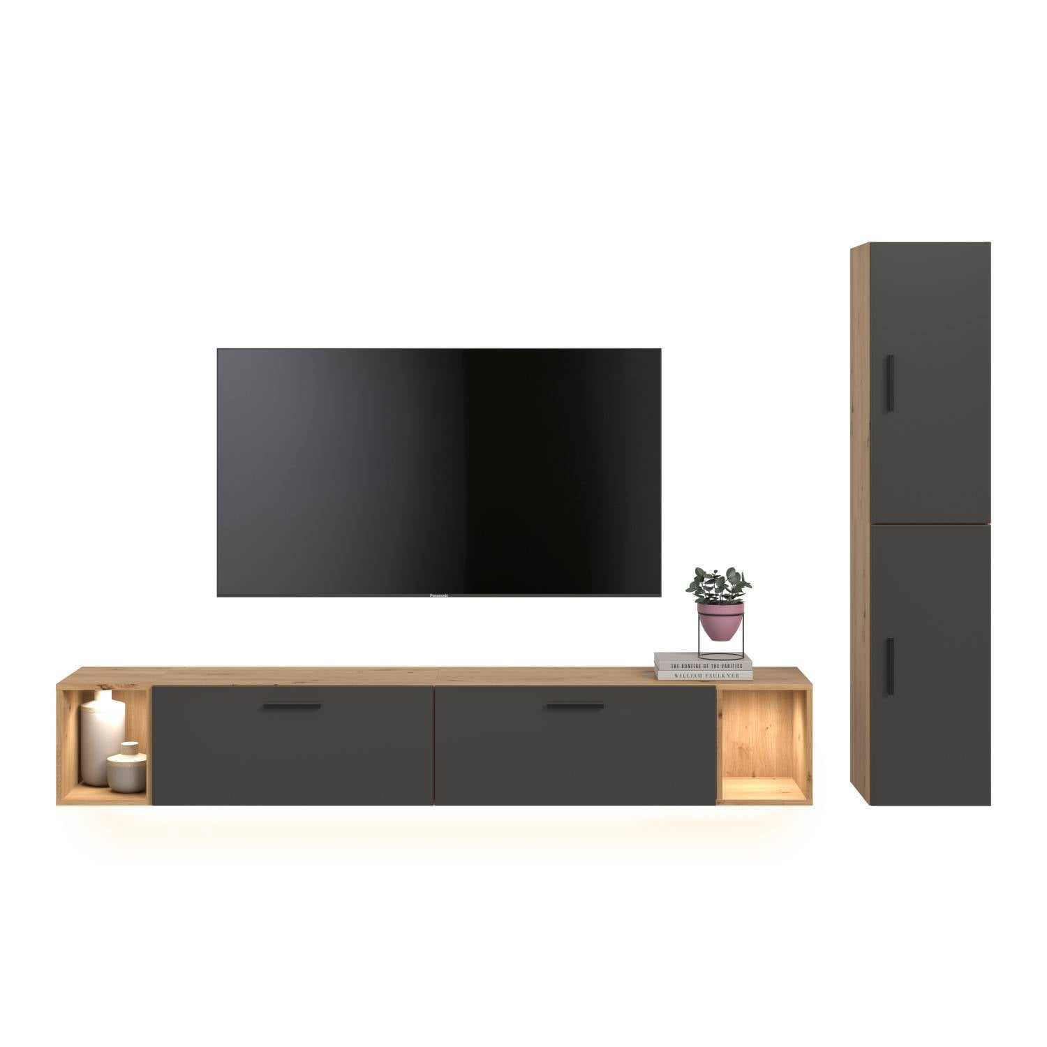 Graue Medienwand mit Hängelowboard - Estoron I (zweiteilig)