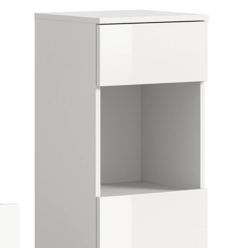 Weißer Badhochschrank mit offener Ablage und Schublade – Vitablos