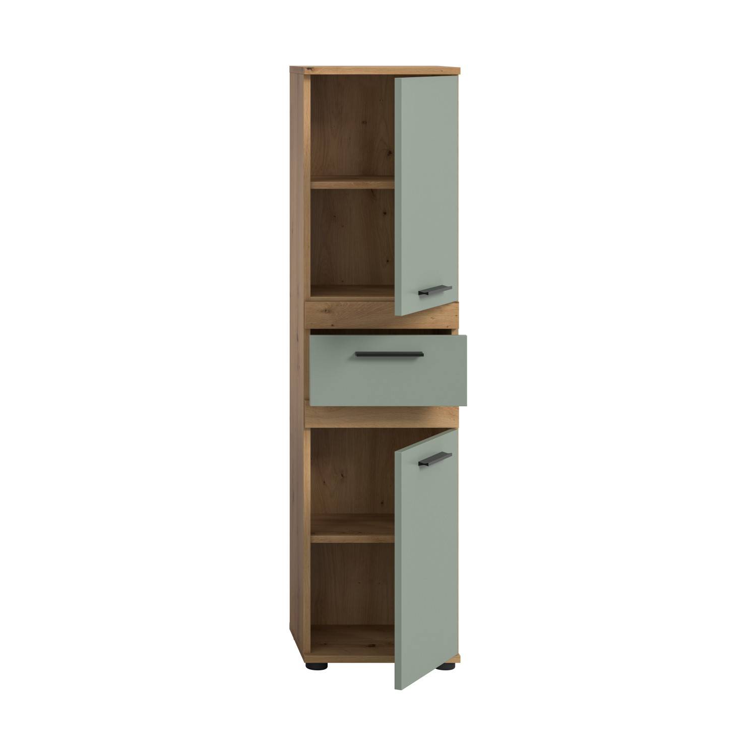 Hoher Badschrank Salbeigrün mit offener Tür und Schublade für Stauraum – Luzanos