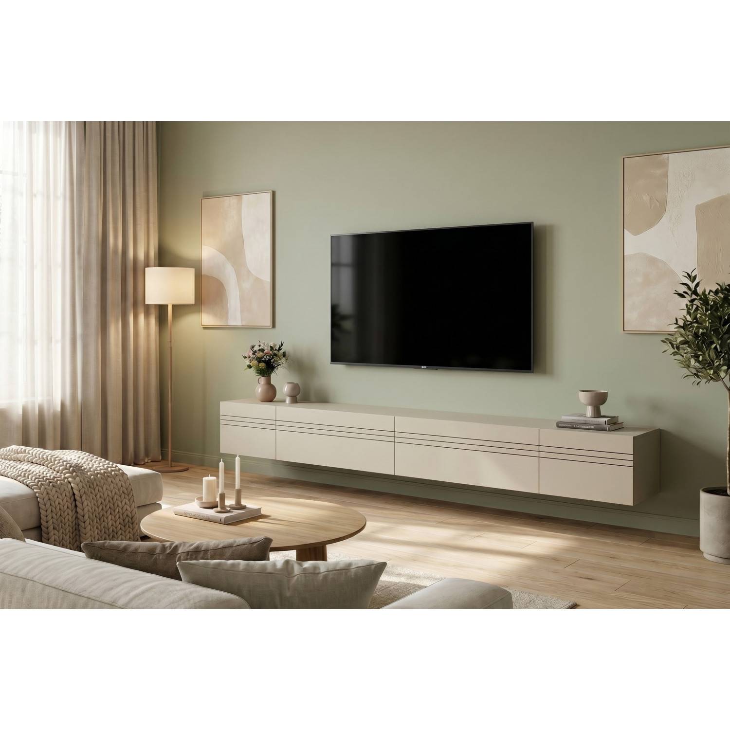 Lange TV Wohnwand hängend in Beige mit Rillenfronten im modernen Wohnzimmer – Draguno