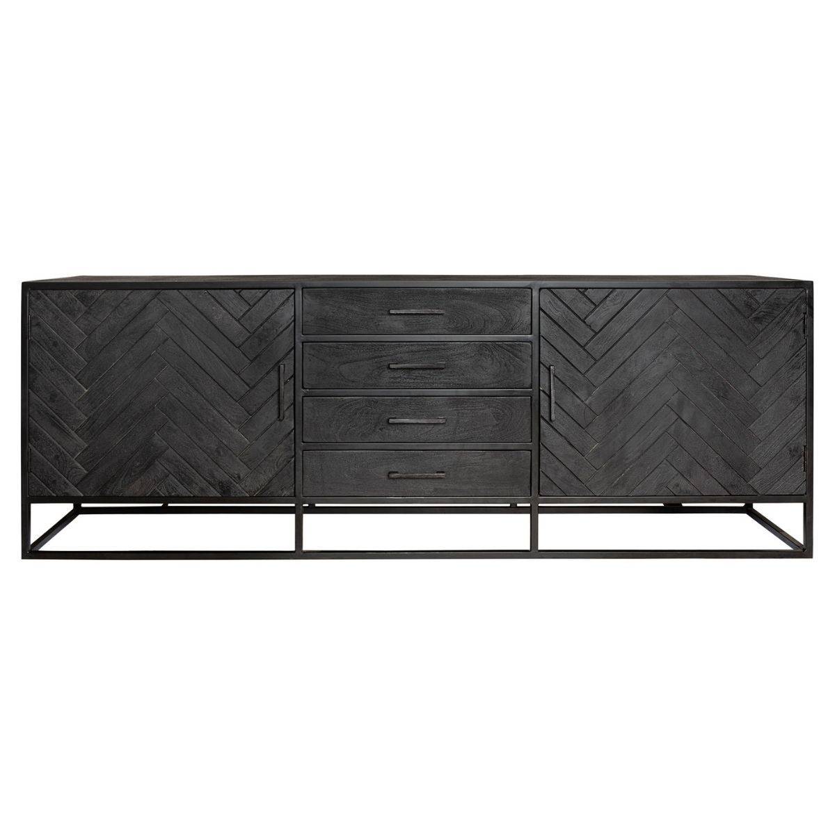 Schwarzes Sideboard aus sandgestrahltem Mangoholz mit Fischgrätmuster und vier Schubladen – Lida