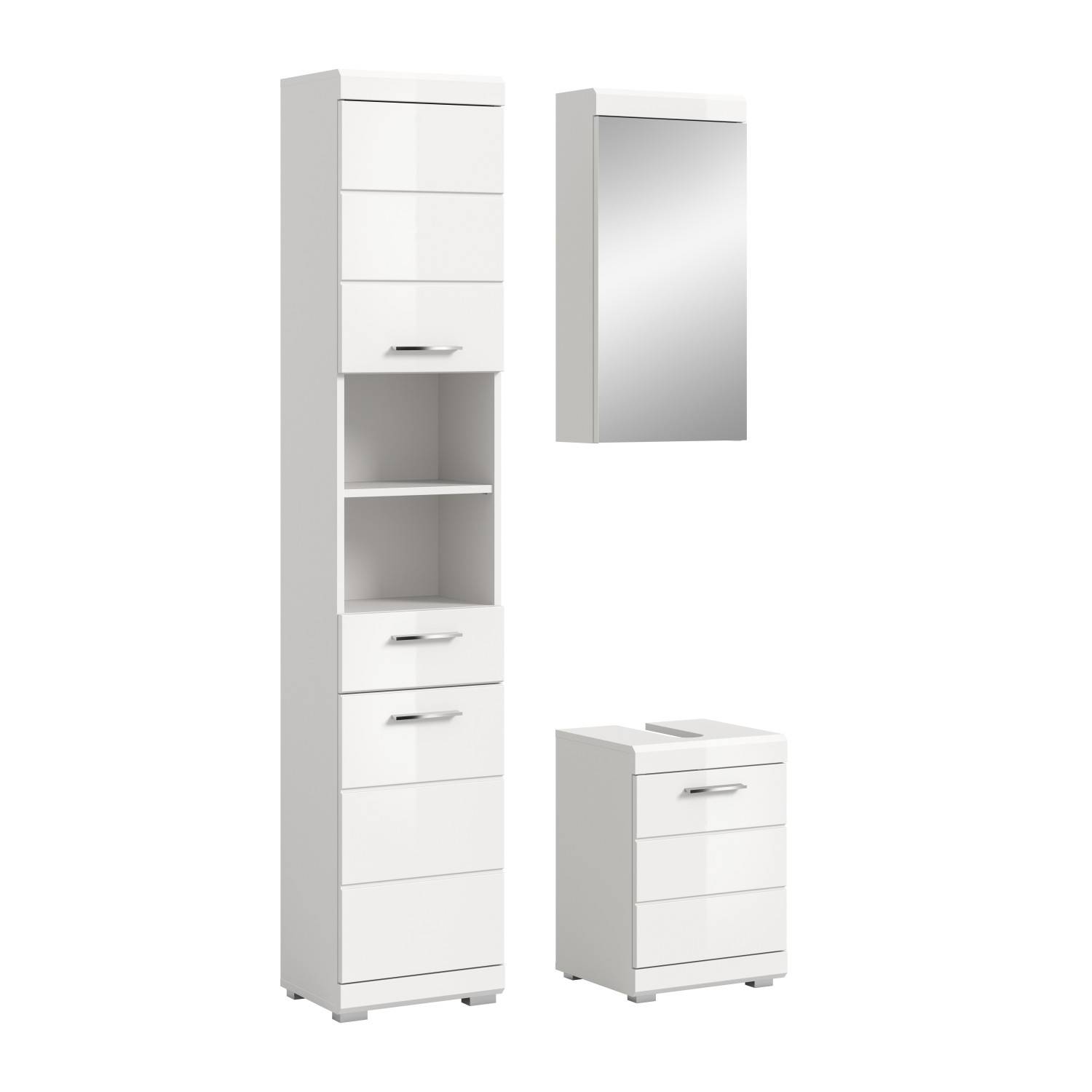 Dreiteiliges weißes Hochglanz Badezimmermöbel Set mit Hochschrank, Spiegelschrank und Waschtischunterschrank – Nanila