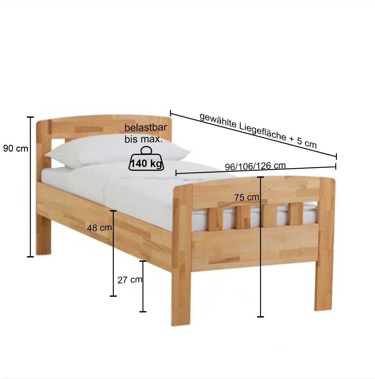 Kernbuche-Einzelbett Norja auch in Übergrößen (zweiteilig)