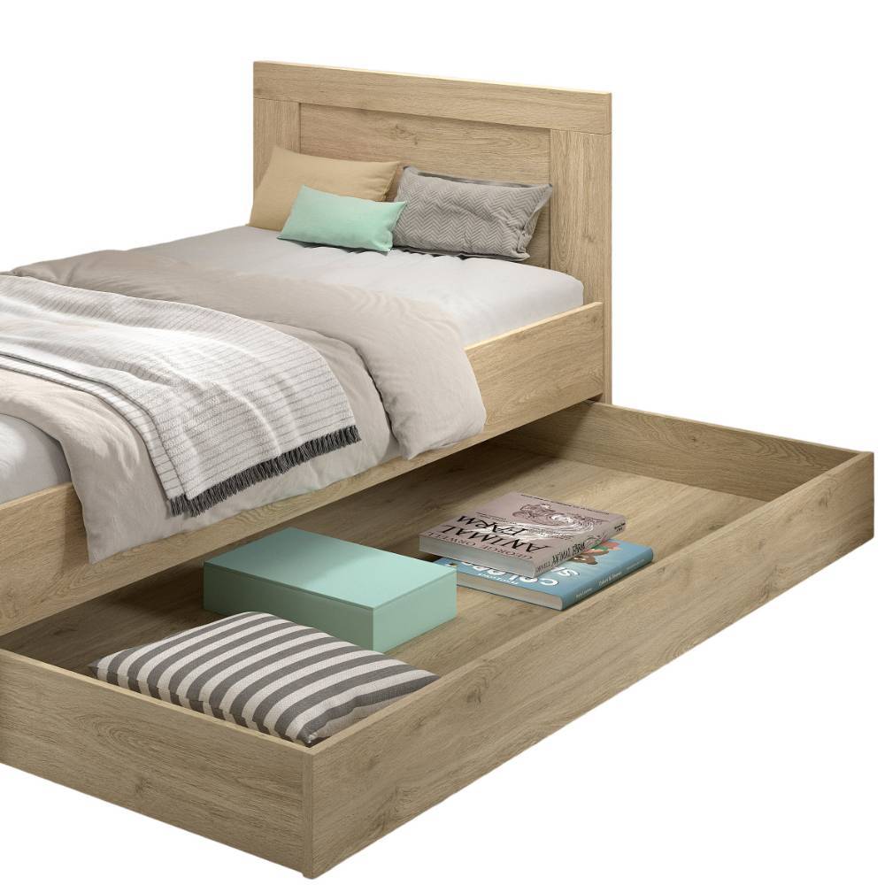 Einzelbett in heller Holzoptik mit komplett ausgezogenem Bettkasten für viel Stauraum – Choice