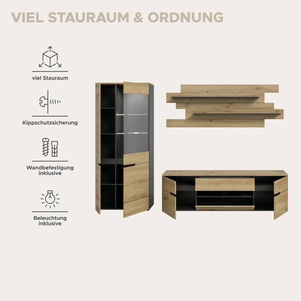 Schrankwand mit viel Stauraum, Kippschutz, Wandbefestigung und Beleuchtung für das Wohnzimmer – Irysma