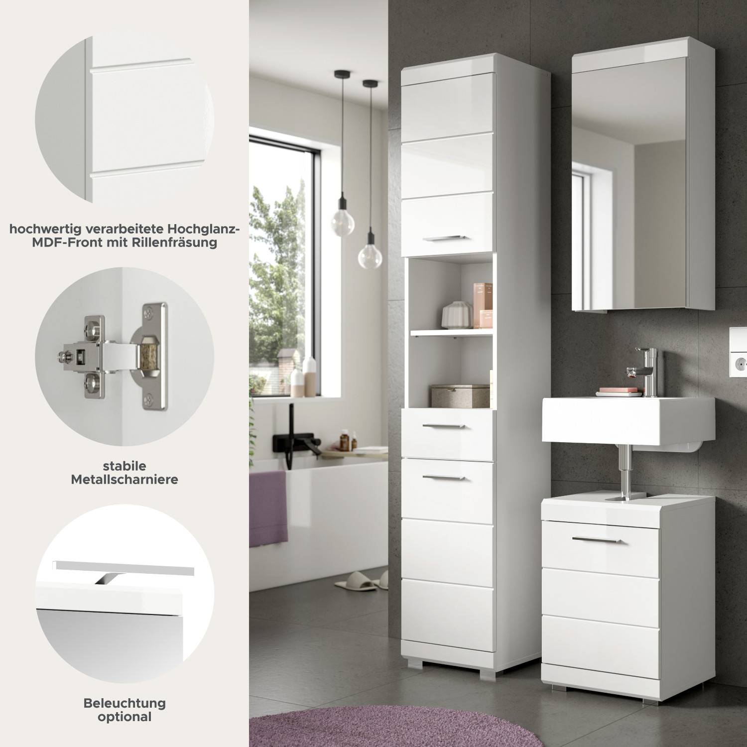 Hochglanz-MDF-Fronten und stabile Metallscharniere des weißen Badschrank Sets für hohe Qualität – Nanila