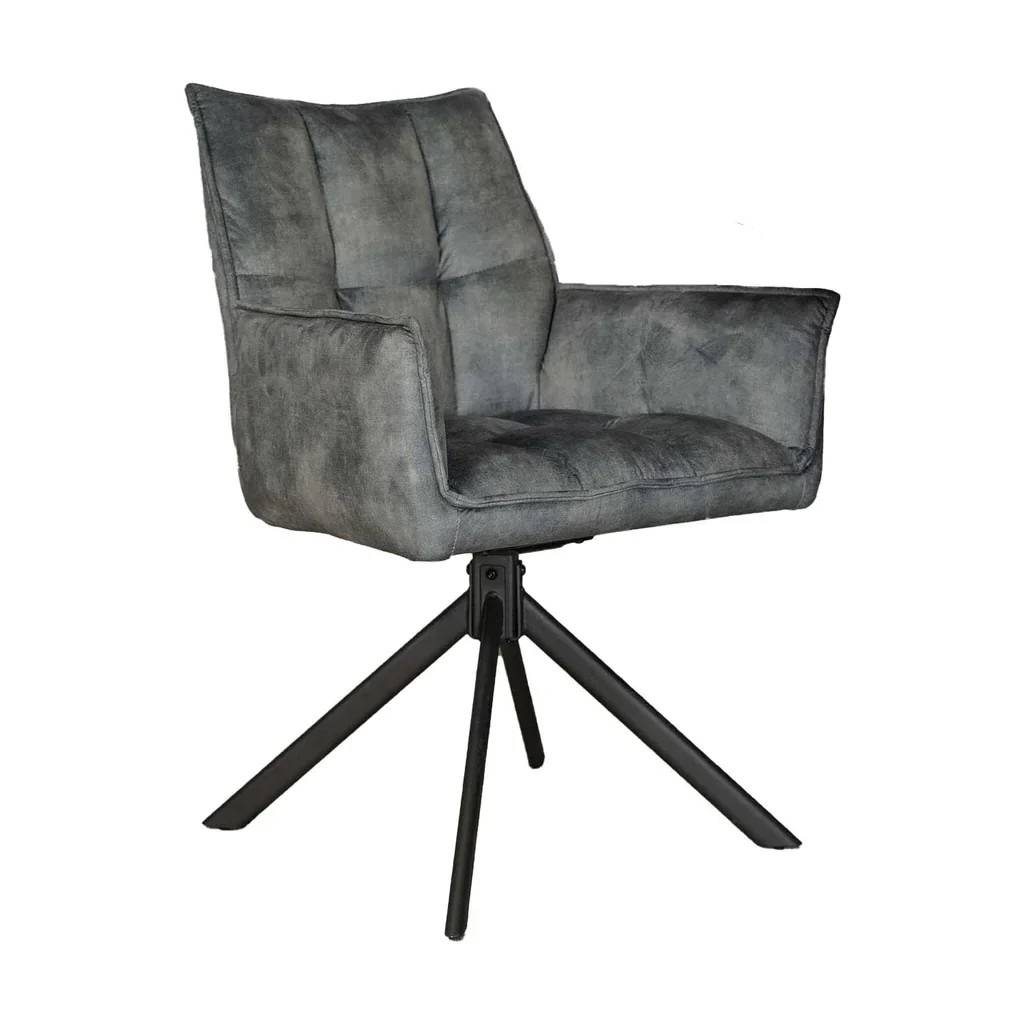 Grauer Samt Sessel mit gepolsterten Armlehnen und drehbarem schwarzen Metallgestell – Moderato
