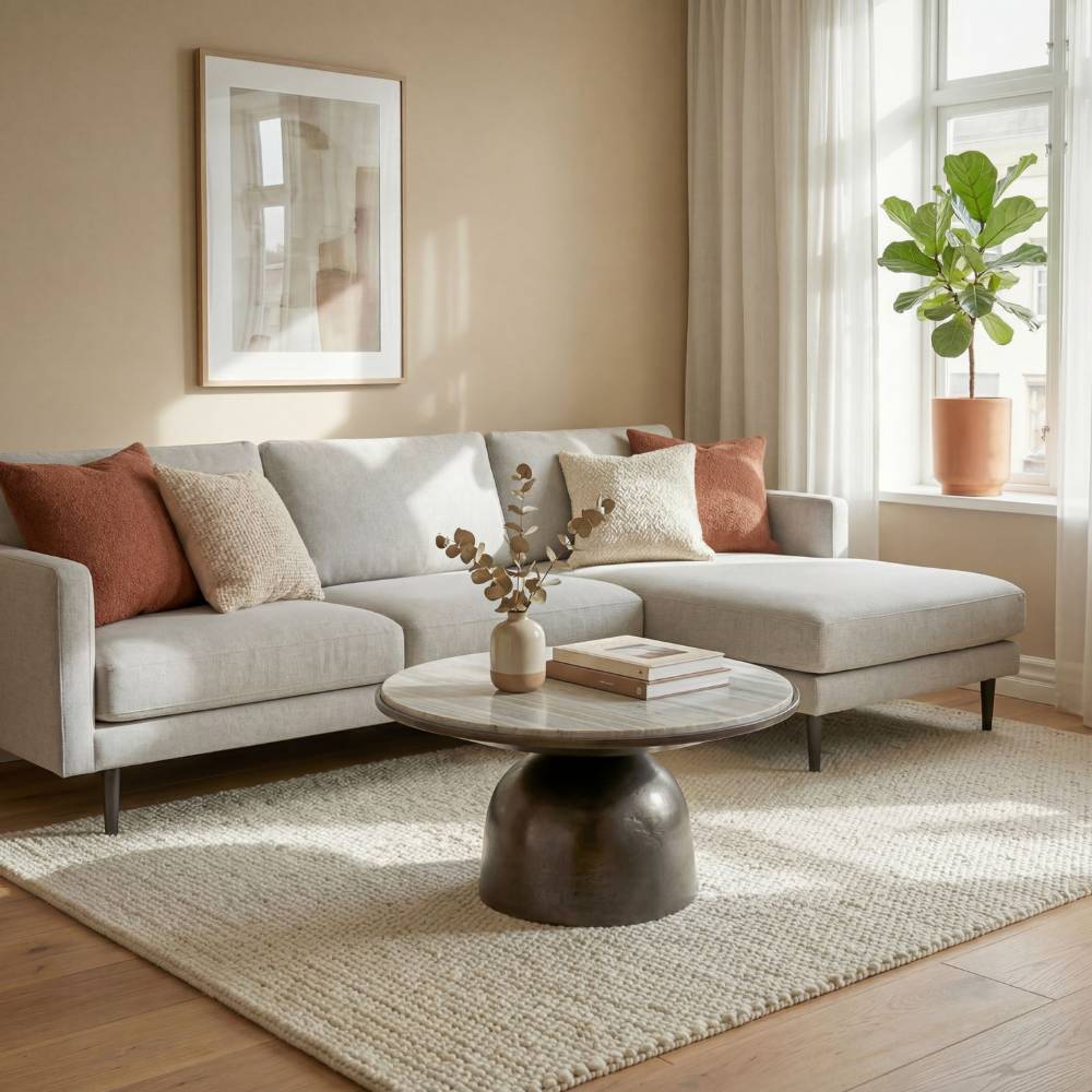 Runder Couchtisch mit Marmorplatte und dunklem Metallfuß im Wohnzimmer – Vuressa