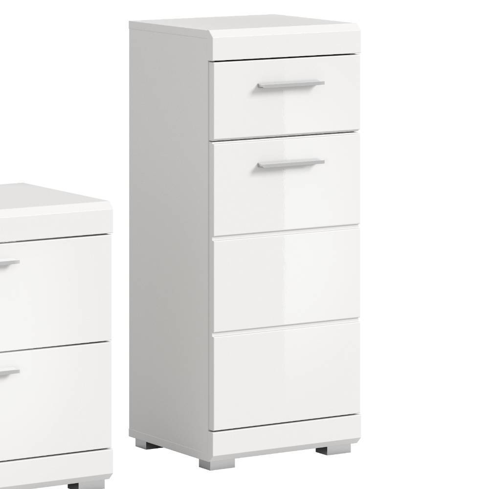 Schmaler weißer Badschrank mit vier praktischen Schubladen und modernen Griffen – Henriette