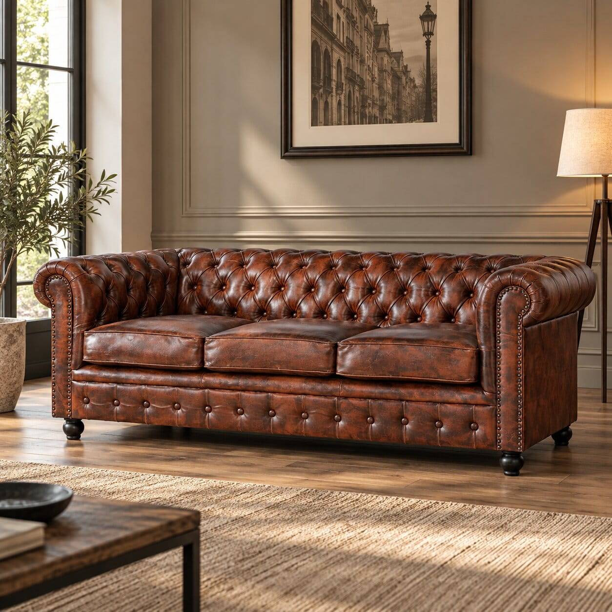 Chesterfieldsofa mit Lederbezug in Kastanienbraun - Pavias