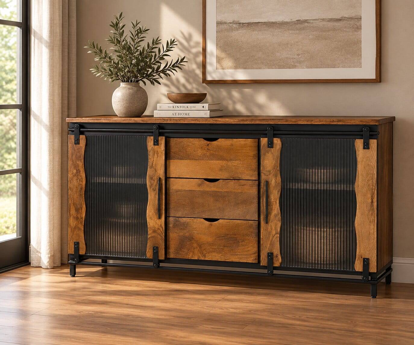 Design Sideboard aus Mangoholz und Metall - Aglia