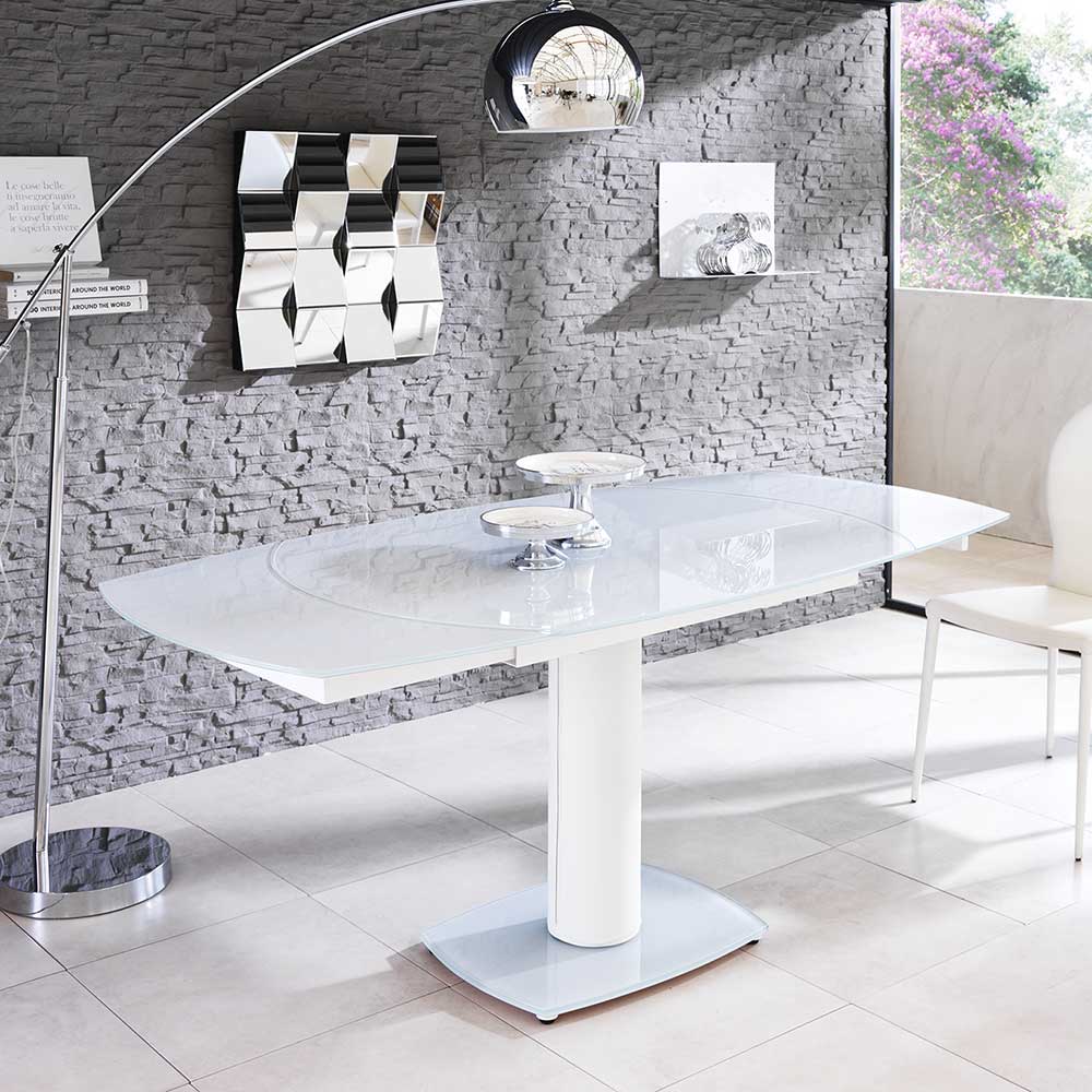 Verlängerbarer Glastisch in Weiß Lecce mit Metall