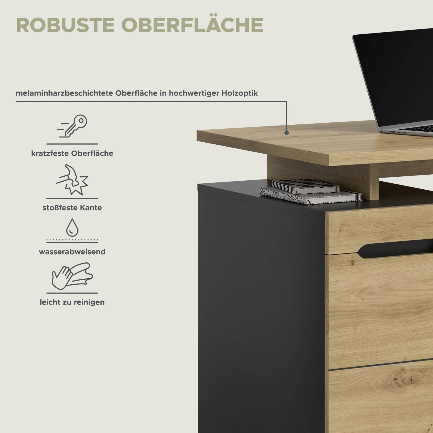 Robuste, kratzfeste und wasserabweisende Oberfläche des Büroschreibtisches in Holzoptik – Irysma