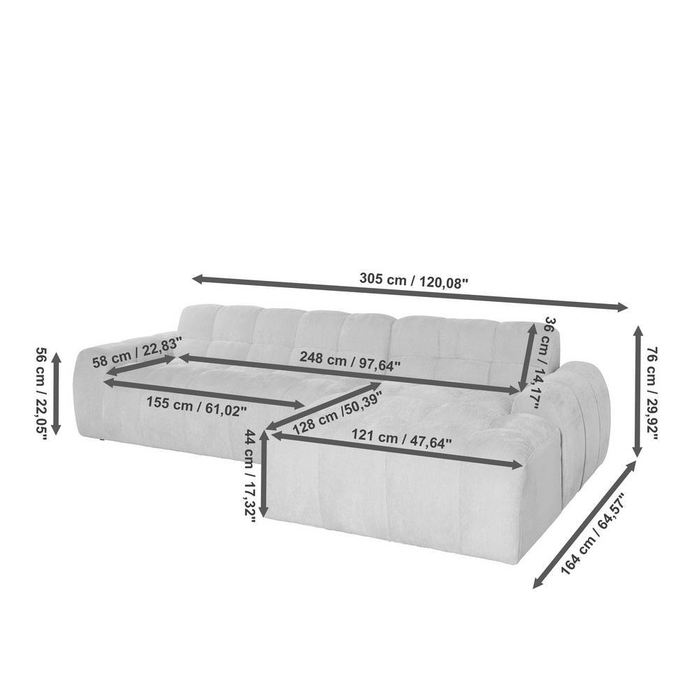 Ecksofa Boucle in Beige mit detaillierten Maßen und Abmessungen für die Raumplanung – Vedition