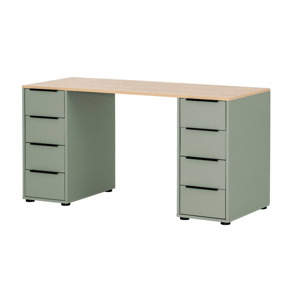 Grüner Bürotisch mit acht geschlossenen Schubladen und heller Holzplatte, ideal für Arbeitsplatz – Jirma