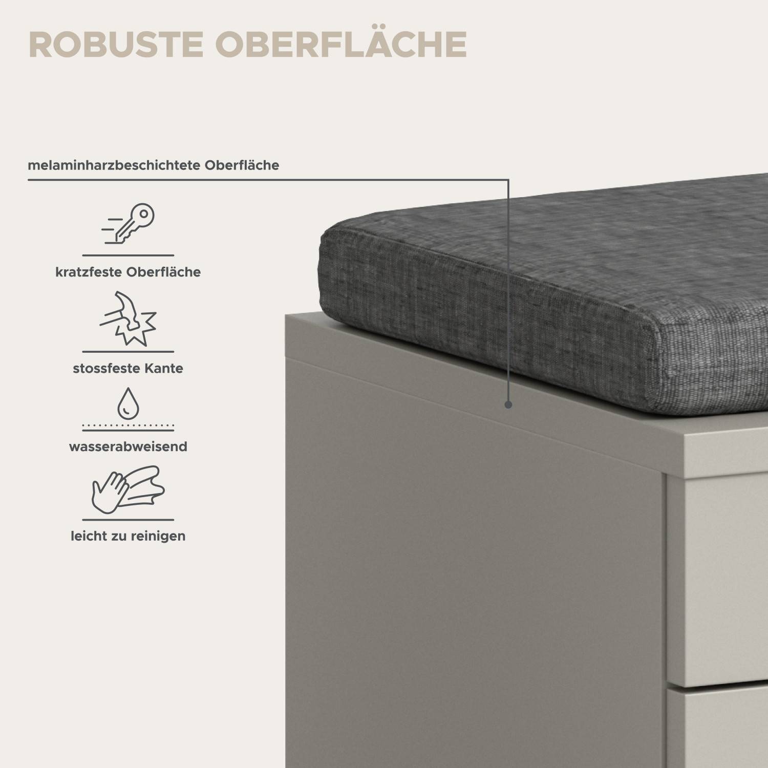 Robuste, kratzfeste und wasserabweisende Oberfläche der Schuhbank in hellem Taupe – Elvadia